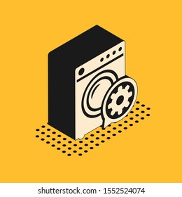 Isometric Washer and gear icon isolated on yellow background. Adjusting app, service concept, setting options, maintenance, repair, fixing.  Vector Illustration