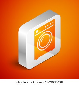 Isometric Washer icon isolated on orange background. Washing machine icon. Clothes washer - laundry machine. Home appliance symbol. Silver square button. Vector Illustration