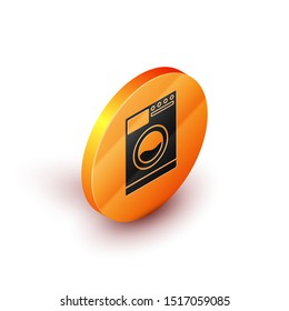 Isometric Washer icon isolated on white background. Washing machine icon. Clothes washer - laundry machine. Home appliance symbol. Orange circle button. Vector Illustration