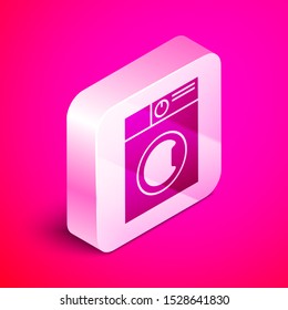 Isometric Washer icon isolated on pink background. Washing machine icon. Clothes washer - laundry machine. Home appliance symbol. Silver square button. Vector Illustration