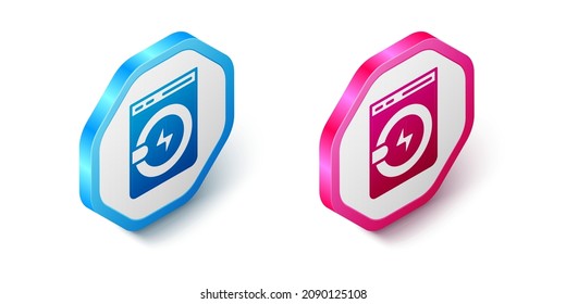 Isometrisches Washer-Symbol einzeln auf weißem Hintergrund. Waschmaschinensymbol. Wäschetrockner - Waschmaschine. Einheitensymbol. Hexagon-Taste. Vektorgrafik