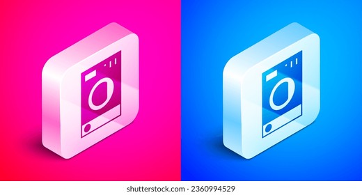 Isometric Washer icon isolated on pink and blue background. Washing machine icon. Clothes washer - laundry machine. Home appliance symbol. Silver square button. Vector