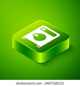 Isometric Washer icon isolated on green background. Washing machine icon. Clothes washer - laundry machine. Home appliance symbol. Green square button. Vector
