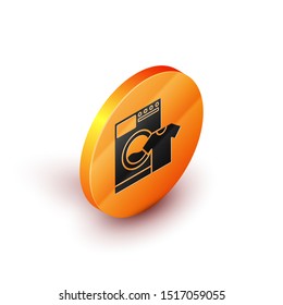 Isometric Washer and t-shirt icon isolated on white background. Washing machine icon. Clothes washer, laundry machine. Home appliance symbol. Orange circle button. Vector Illustration