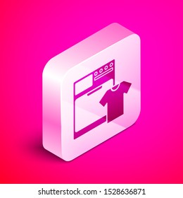 Isometric Washer and t-shirt icon isolated on pink background. Washing machine icon. Clothes washer - laundry machine. Home appliance symbol. Silver square button. Vector Illustration