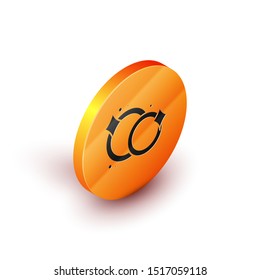 Isometric Washing dishes icon isolated on white background. Cleaning dishes icon. Dishwasher sign. Clean tableware sign. Orange circle button. Vector Illustration