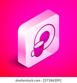 Isometric Washing dishes icon isolated on pink background. Cleaning dishes icon. Dishwasher sign. Clean tableware sign. Silver square button. Vector