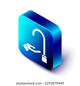Isometrisches Händewaschen mit Seifensymbol einzeln auf weißem Hintergrund. Händewaschen mit Seife, um Viren und Bakterien zu verhindern. Blauer Quadrat-Knopf. Vektorgrafik