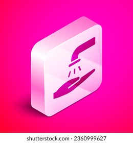 Isometric Washing hands with soap icon isolated on pink background. Washing hands with soap to prevent virus and bacteria. Silver square button. Vector Illustration