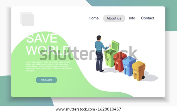 Isometric waste and garbage sorting web\
page template with trash bins. Colorful 3D flat vector banner.\
Ecology concept: environment pollution\
reduce