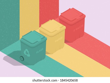 Isometric waste management concept with colored garbage containers