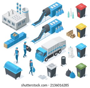 Isometric waste recycle, garbage plant, truck, industrial landfill environment. Garbage recycling, garbage can and scavengers vector illustration set. Waste recycling garbage isometric