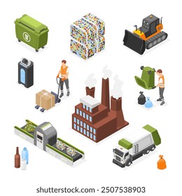 Isometric waste recycle. Trash bricks, composting transport and belt. Garbage recycle factory building, plastic bins and workers, flawless vector elements