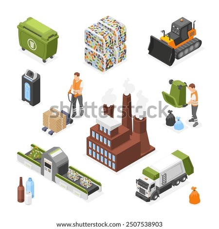 Isometric waste recycle. Trash bricks, composting transport and belt. Garbage recycle factory building, plastic bins and workers, flawless vector elements