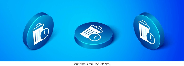 Ícone de desperdício de tempo isométrico isolado no fundo azul. Lixeira. Sinal de lixeira. Ícone da cesta de reciclagem. Ícone de lixo do Office. Botão de círculo azul. Vetor