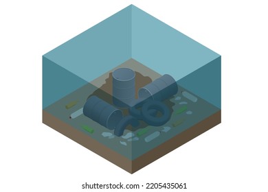 Isometric Waste Trash Pollution In River, Lake Or Ocean Sea Water And Bottom. Water Pollution At The Bottom Are Tires, Barrels, Garbage