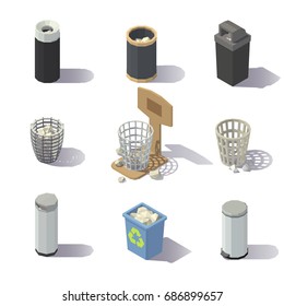 Isometric Wastepaper Basket On White Background. Vector Low Poly Illustration.