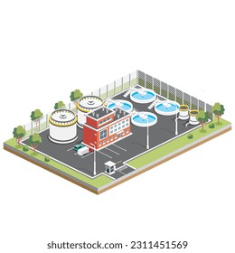 Instalaciones para el tratamiento de aguas residuales isométricas. Elemento de diseño infográfico aislado en fondo blanco. Ilustración vectorial. Ecología de los Recursos Hídricos. Planta de tratamiento de purificación con edificios.