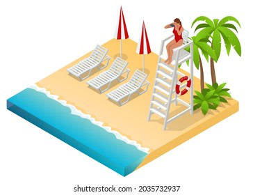 Isometric Watchtower on a Sandy Beach. Lifeguard on the beach. Safety while swimming.