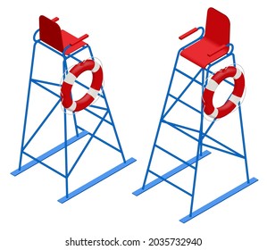 Isometric Watchtower on a Sandy Beach. Lifeguard on the beach. Safety while swimming.