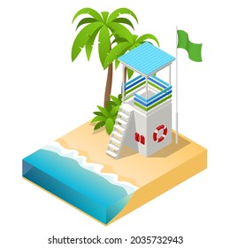 Isometric Watchtower on a Sandy Beach. Lifeguard on the beach. Safety while swimming.