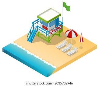 Isometric Watchtower on a Sandy Beach. Lifeguard on the beach. Safety while swimming.