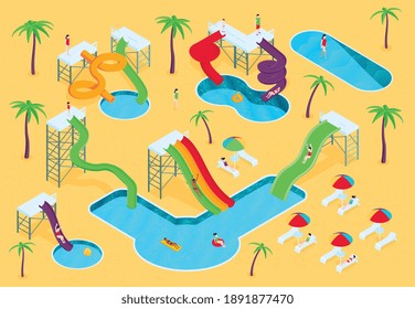 Composición del parque acuático isométrico con vistas al exterior de la playa con piscinas palmeras y toboganes coloridos ilustraciones vectoriales