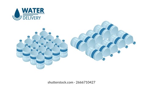 Colección isométrica de botellas de agua. Múltiples recipientes de plástico con etiqueta azul dispuestos en grupos. Concepto de servicio de entrega de agua con logotipo. Ilustración vectorial moderna aislada sobre fondo blanco.