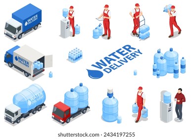 Isometric water delivery man, cooler with water bottle. Truck carrying plastic containers of drinking water