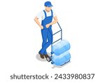 Isometric water delivery man. An employee man wearing a blue cap t-shirt uniform workwear working as a dealer courier hold a big water bottle