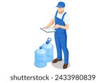 Isometric water delivery man. An employee man wearing a blue cap t-shirt uniform workwear working as a dealer courier hold a big water bottle