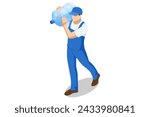 Isometric water delivery man. An employee man wearing a blue cap t-shirt uniform workwear working as a dealer courier hold a big water bottle