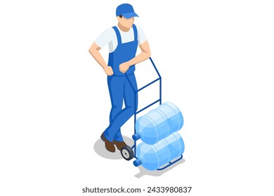 Isometric water delivery man. An employee man wearing a blue cap t-shirt uniform workwear working as a dealer courier hold a big water bottle