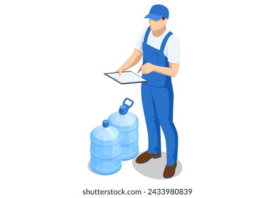 Isometric water delivery man. An employee man wearing a blue cap t-shirt uniform workwear working as a dealer courier hold a big water bottle
