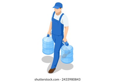 Isometric water delivery man. An employee man wearing a blue cap t-shirt uniform workwear working as a dealer courier hold a big water bottle
