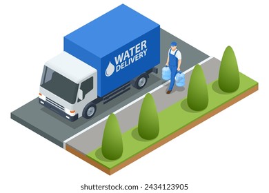 Isometric Water delivery service. Truck carrying plastic containers of drinking water