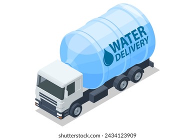 Isometric Water delivery service. Truck carrying plastic containers of drinking water