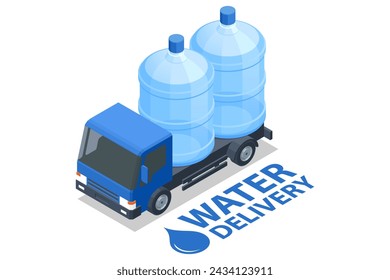 Isometric Water delivery service. Truck carrying plastic containers of drinking water