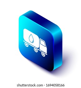 Isometric Water delivery truck icon isolated on white background. Blue square button. Vector Illustration