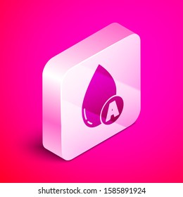 Isometric Water drop icon isolated on pink background. Silver square button. Vector Illustration