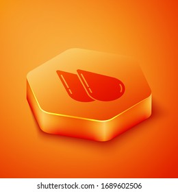 Isometric Water drop icon isolated on orange background. Orange hexagon button. Vector Illustration