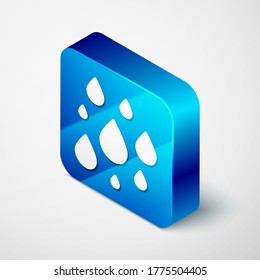 Isometric Water drop icon isolated on grey background. Blue square button. Vector Illustration