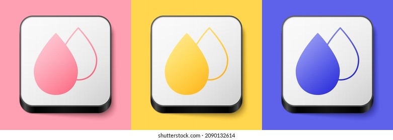 Isometric Water drop icon isolated on pink, yellow and blue background. Square button. Vector