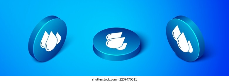 Isometric Water drop icon isolated on blue background. Blue circle button. Vector Illustration