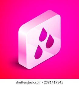 Isometric Water drop icon aislado en el fondo rosado. Botón cuadrado plateado. Vector