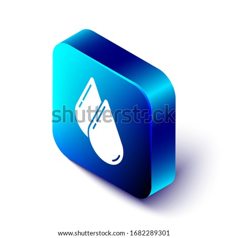 Isometric Water drop icon isolated on white background. Blue square button. Vector Illustration