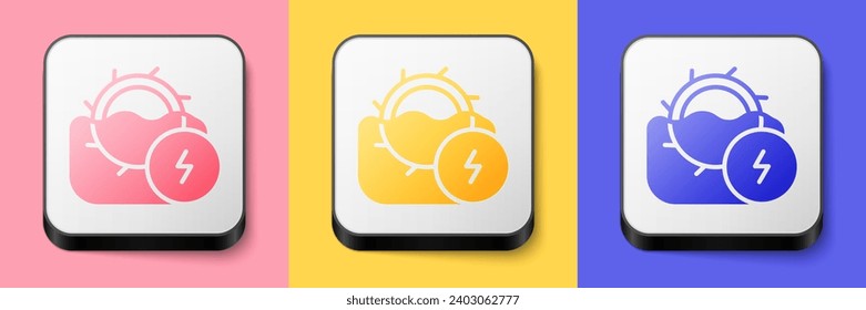 Isometric Water mill icon isolated on pink, yellow and blue background. Water wheel energy. Hydro power turbine wheel. Square button. Vector