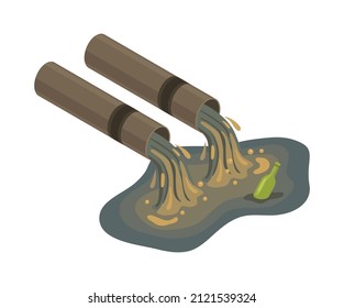 Isometric water ocean pollution composition with images of factory tubes spoiling waste into water vector illustration