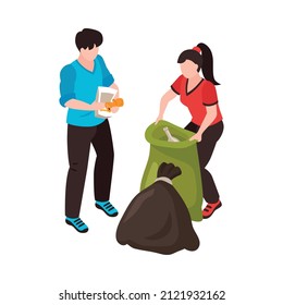 Isometric water ocean pollution composition with characters of man and woman gathering waste into sacks vector illustration