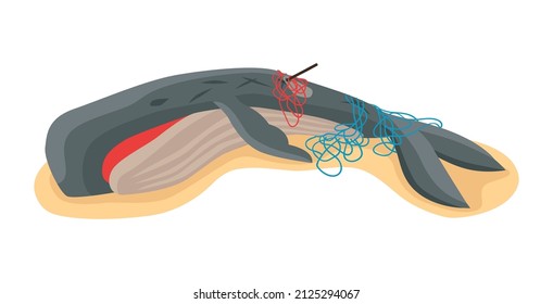 Isometric water ocean pollution composition with image of dead whale killed by toxic waste on blank background vector illustration